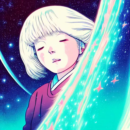 Prompt: portrait of a young astronaut girl, flowing white hair, ghibli, yoshitoshi abe, loish, murata range, synthwave, cosmic, kawaii,high contrast bright colors, big anime eyes,studio lighting, manga, anime, 1980s, vibrant, beautiful, dreamy, gradation, jean giraud, ((space nebula background))