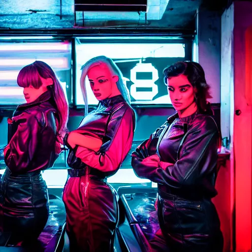Image similar to photograph of a retro techwear coed group loitering near the bar of a packed busy rundown nightclub, retrofuturism, brutalism, cyberpunk, sigma 85mm f/1.4, 35mm, 4k, depth of field, high resolution, 4k, 8k, hd, highly detailed, tilted frame, long exposure, full color