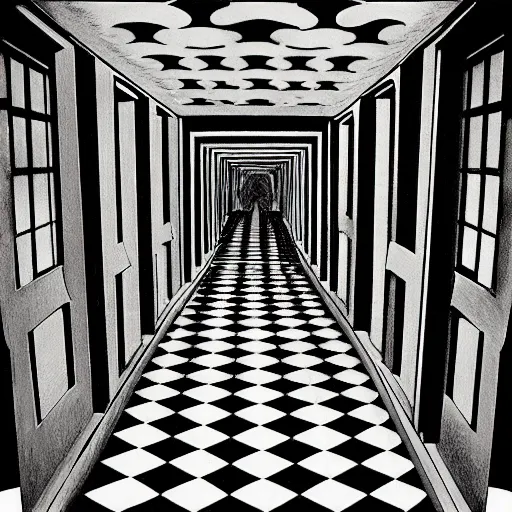 Prompt: a dark hallway with many doors and many stairs, Mc Escher architecture, epic composition, by Junji Ito