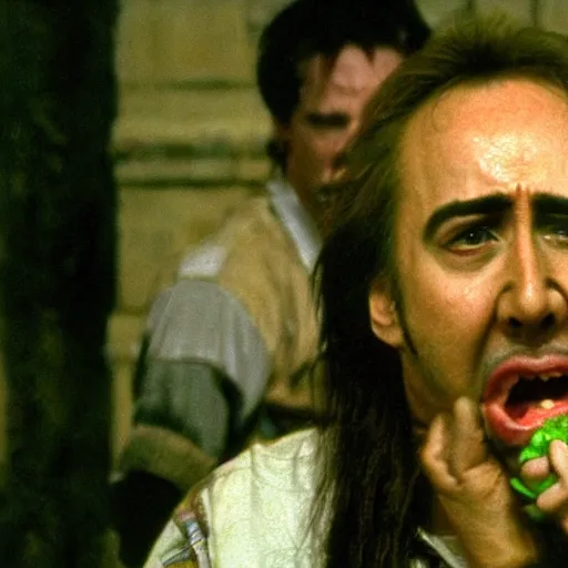 Image similar to nicolas cage screaming with a mouth full of peas, movie still, the wicker man