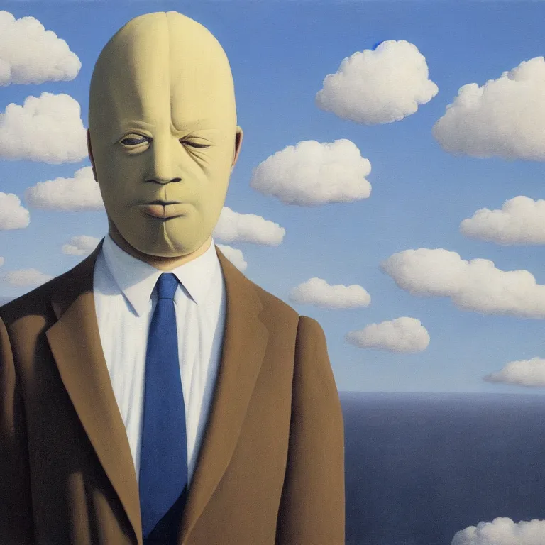 Prompt: portrait of a faceless tulip - head man in a suit, clouds in the background, by rene magritte, detailed painting, distance, middle centered, hd, hq, high resolution, high detail, 4 k, 8 k