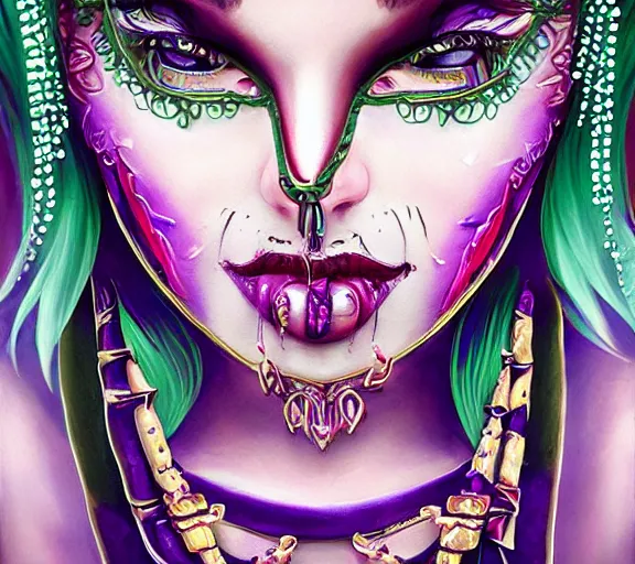 Prompt: beautiful female character inspired by new orleans mardi gras and street art vampire bounty hunter | | digital artwork made by greg rutswork, anna dittmann and lois van barlee, symmetrical rim light, anatomically correct