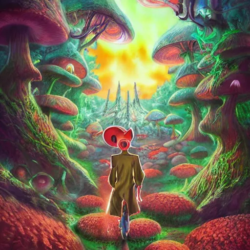 Image similar to anime 4 k headshot portrait of a psychedelic demonic anthropomorphic deer with mushroom themed clothes, magic mushroom village in background by jeff easley, award winning, stylized neon, post - processing, masterpiece, superb resolution. in the art style of junji ito and greg rutkowski. detailed mushroom city in background. hyper realistic anime. perfect art. dalle 2