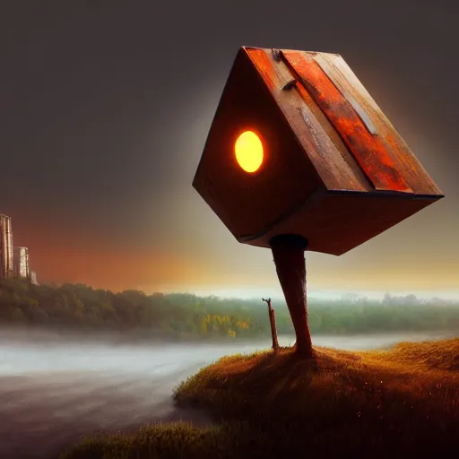 Prompt: a walking wood house with two mechanical legs and two glowing eyes and two hands, rust, hyperrealistic, pareidolia, highly detailed, cinematic, single ray of sun, fog, city in background, beautiful, cgssociety, artstation, 8 k, oil painting