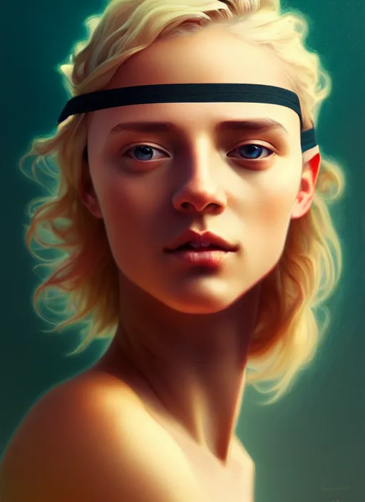 Image similar to blindfolded handsome young women with shoulder length blonde hair, symmetrical, half body shot, path traced, highly detailed, high quality, digital painting, alena aenami, lilia alvarado, shinji aramaki, karol bak, alphonse mucha, tom bagshaw