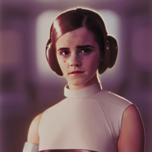 Image similar to film still of emma watson as princess leia organa in star wars, polaroid, photography, film, kodak