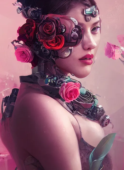 Prompt: portrait of a seductive female with roses, cyberpunk cyborg. roses, muted colors, sci - fi, intricate abstract upper body intricate artwork, by tooth wu, wlop, beeple, dan mumford. concept art, octane render, deviantart, greg rutkowski, cinematic arthouse, key art, hyper realism, iridescent accents