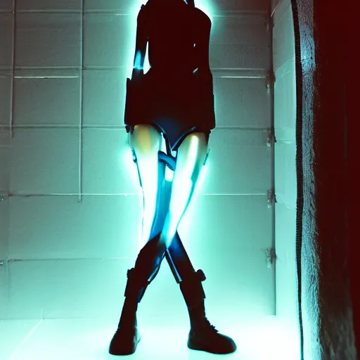 Image similar to blue cyber porcelain doll with led eyes. standing in middle of dark hallway. volumetric light on back. broken neon lighting. cyberpunk. high details, photorealistic, artstation trending. dark mood. h r ginger.