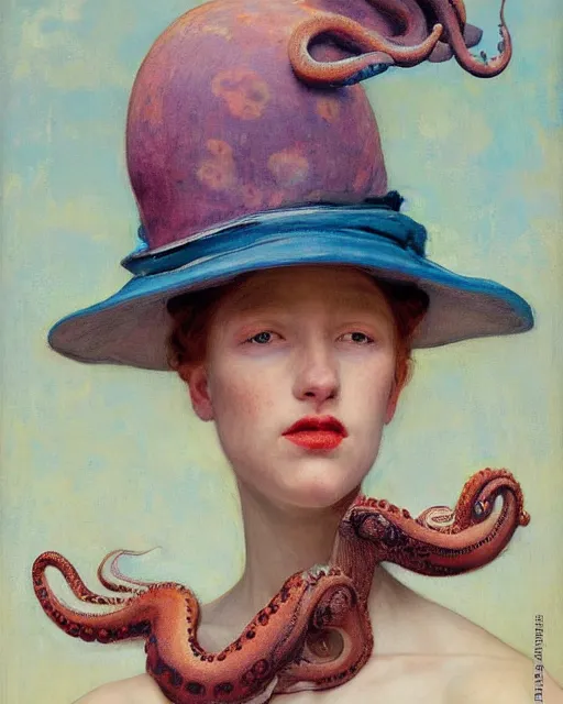 Image similar to a beautiful girl wearing an octopus as a hat, painted by edgar maxence, edward hopper, wayne barlowe and james gilleard, airbrush, art by jamesjean