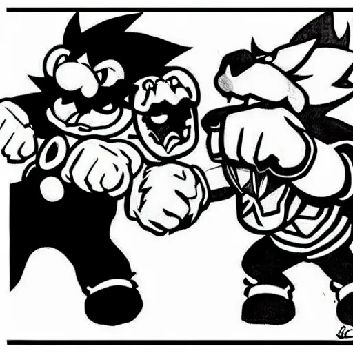 Prompt: bowser clashing fists with mario. nintendo style.