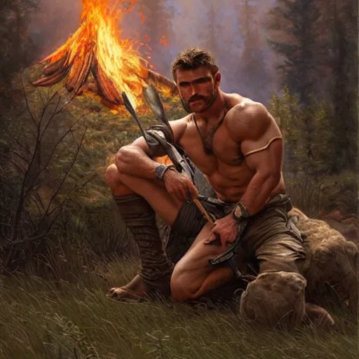 Image similar to Rugged male ranger relaxing by the fire, relaxed, D&D, muscular, upper body, fantasy, intricate, elegant, highly detailed, digital painting, artstation, concept art, smooth, sharp focus, illustration, art by artgerm and greg rutkowski and alphonse mucha