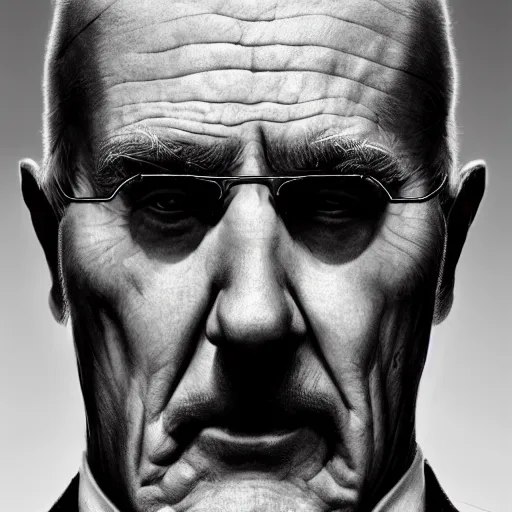 Prompt: close-up, symmetrical, portrait of an old man, hairstyle bald, wearing a suit, marvel art, art by greg rutkowski, matte painting, trending on artstation