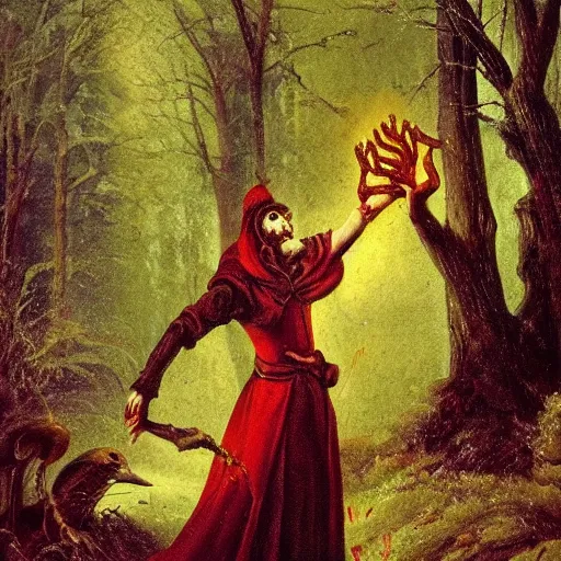 Prompt: Blood mage with capercaillie's head casting a spell in dark, mossy woods. Baroque era oil painting.