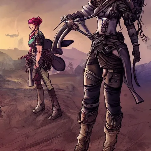 Image similar to full body concept art of a post-apocalyptic swashbuckler princess in the style of high fantasy art, borderlands, cell shaded in the style of Wild west art art trending on artstation deviantart Pinterest detailed High Resolution HD 8k cell shaded full colour bright colour
