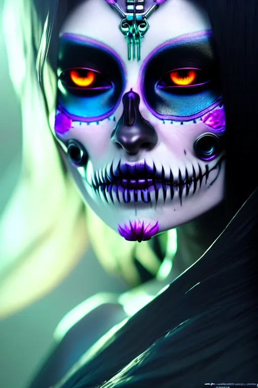 Image similar to ultra detailed, ethereal closeup photo of female android, gothic, flowerpunk, fantasy, octane render, unreal engine, dia de los muertos, photorealistic concept art, triadic color, art by artgerm and wlop and giger and greg rutkowski and alphonse mucha, 8 k