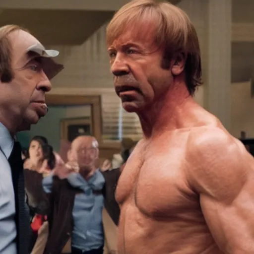 Image similar to Saul Goodman fighting Chuck Norris, movie still, 4k,