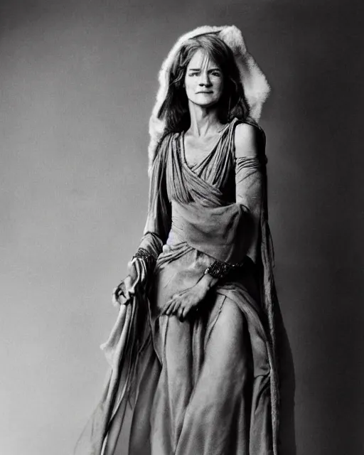 Image similar to the beautiful young actress charlotte rampling, dressed as the greek fate clotho, one of the weavers of destiny, photographed in the style of annie leibovitz, studio lighting, highly detailed, photorealistic