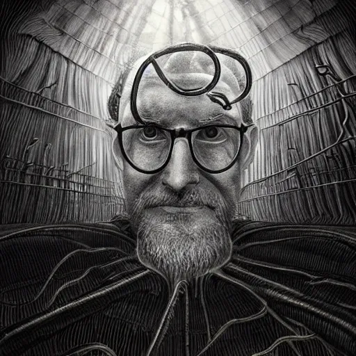 Image similar to lovecraftian gordon freeman, surrounded by beams of light dark background by wayne barlow, stanley donwood, anton semenov, zdzislaw bekinski, hr giger, 8 k, fantasy, dark, highly detailed