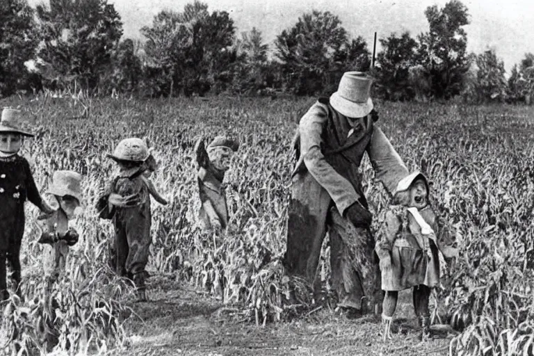 Image similar to disturbing scarecrow from the early 1 9 0 0's leading children into the cornfields