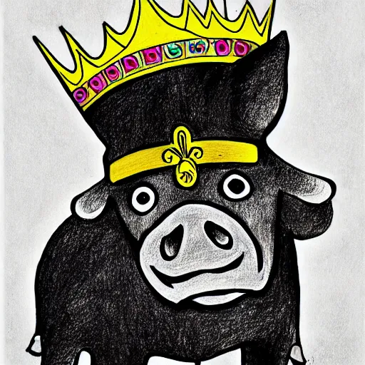 Image similar to a drawing of pig wearing a gold crown in the style of jack kirby