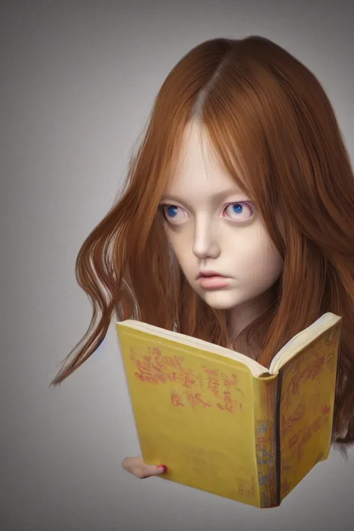 Prompt: recursive image with a girl reading a book, large eyes, her long hair flowing, anatomically correct, oil pastels and gold, in the style of katsuhiro otomo, modeled in poser, redshift render, uhd