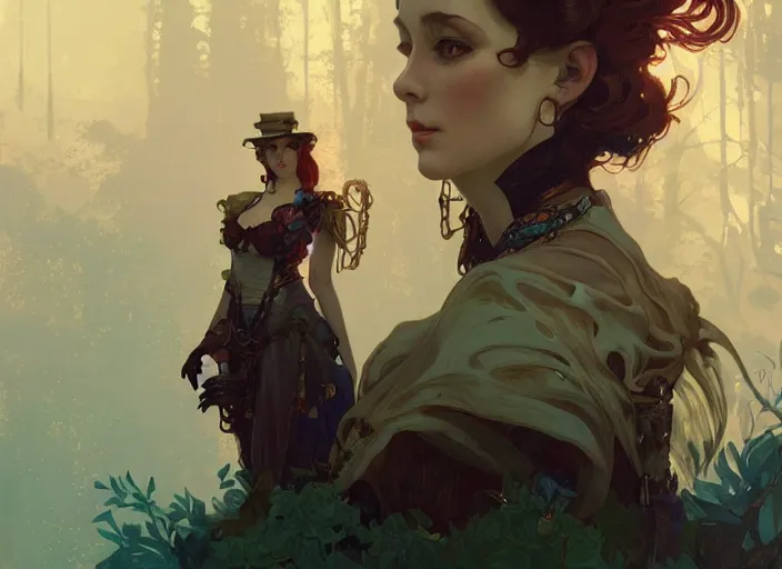 Prompt: woman model, steampunk!!! and modern, rgb, lake with trees, backlit, elegant, highly detailed, digital painting, artstation, concept art, smooth, sharp focus, illustration, art by krenz cushart and artem demura and alphonse mucha