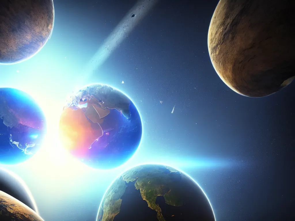 Image similar to two planets earth colliding with each other, artstation, volumetric light, high detail, reflections, perfect, concept art, hdr, 4 k