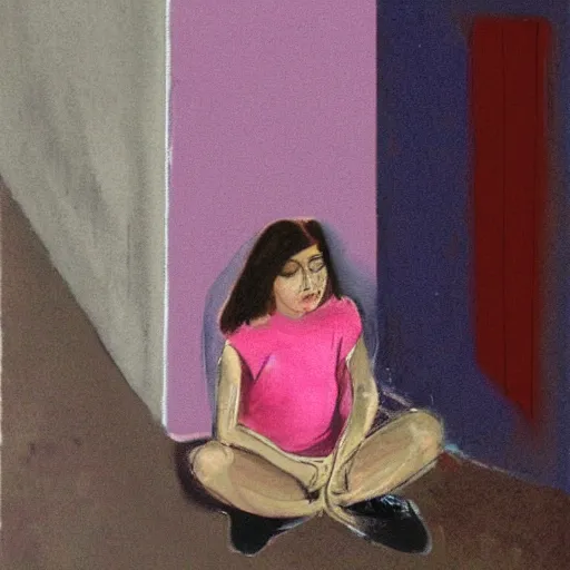 Prompt: sad young girl, sitting against pink wall, emotional, mixed media by francis bacon