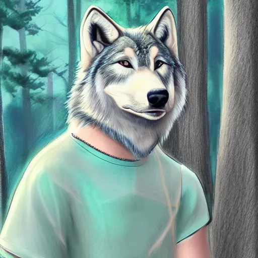 Prompt: Beautiful portrait drawing of an anthro anthropomorphic mint-wolf, wearing a cute pastel t-shirt, in Summer, at a forest. digital art