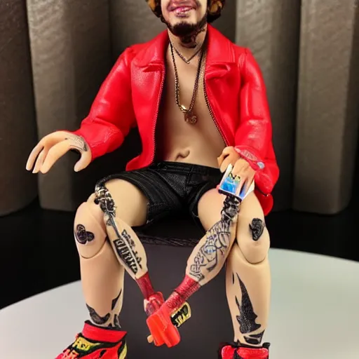 Prompt: Rapper Post Malone as an action figure. PVC posable figure with 5 points of articulation. tattooed male bright clothes. makeup. Classic action figure.