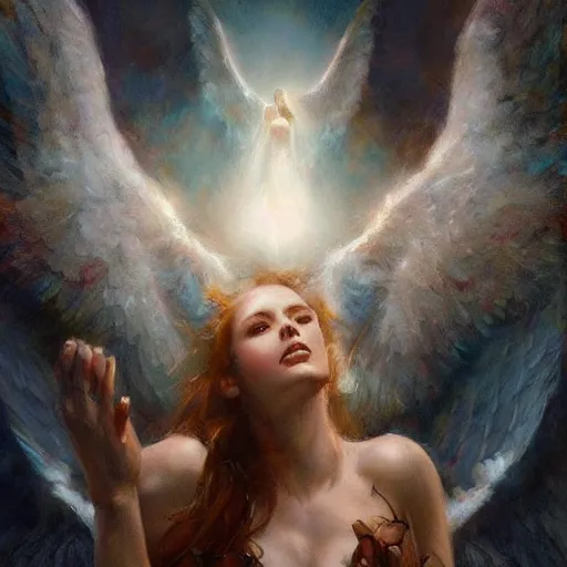 Prompt: a gathering of angels appeared above my head by by raymond swanland, highly detailed, bright tones