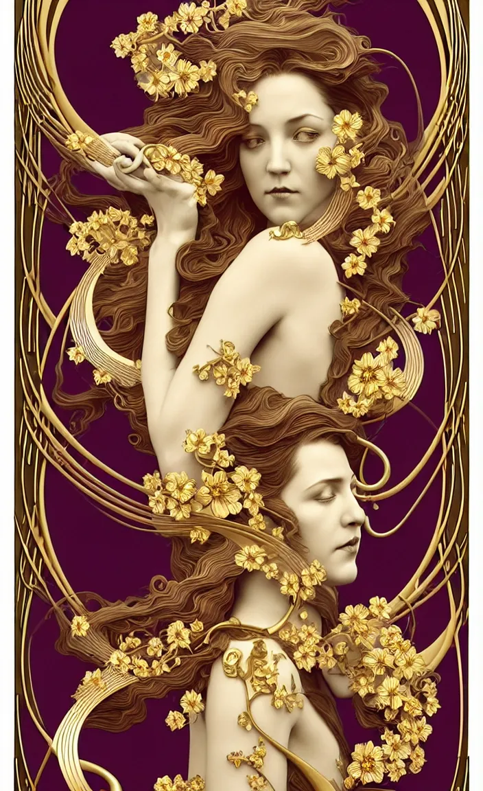 Prompt: the source of future growth dramatic, elaborate emotive 3D Art Nouveau styles to emphasise beauty as a transcendental, seamless pattern, symmetrical, large motifs, hyper realistic, 8k image, 3D, supersharp,Art nouveau 3D curves and swirls, Glass and Gold pipes, long wavy hair, vibrant jasmine and cherry blossom flowers, satin ribbons, pearls and gold chains, iridescent and black and rainbow colors , perfect symmetry, iridescent, High Definition, Octane render in Maya and Houdini, light, shadows, reflections, photorealistic, masterpiece, smooth gradients, no blur, sharp focus, shallow Depth of filed, bokeh, photorealistic, insanely detailed and intricate, cinematic lighting, Octane render, epic scene, 8K