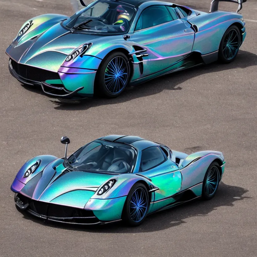 Prompt: close - up of an iridescent rainbow pagani huayra after crashing into a swimming pool, 4 k, highly detailed, award winning, look at all that detail!