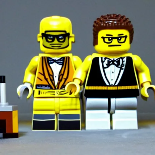 Image similar to LEGO Walter White and LEGO Gus Fring cooking meth with LEGO Obama in yellow jumpsuits
