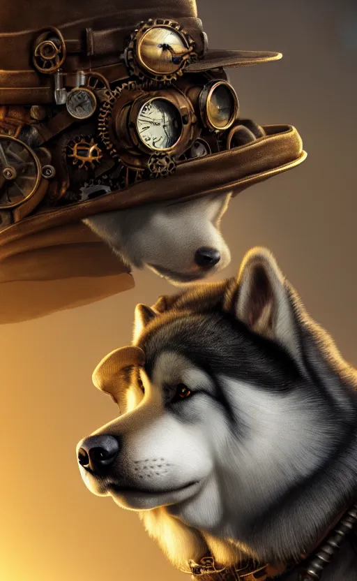 Prompt: hyper realistic ultra - detailed portrait of alaskan malamute face, steampunk hat with goggles and gears, upper body, detective coat, sharp focus, illustration, fantasy style, octane render, volumetric lighting, 8 k high definition, wide shot, by greg rutkowski, highly detailed, trending on art station