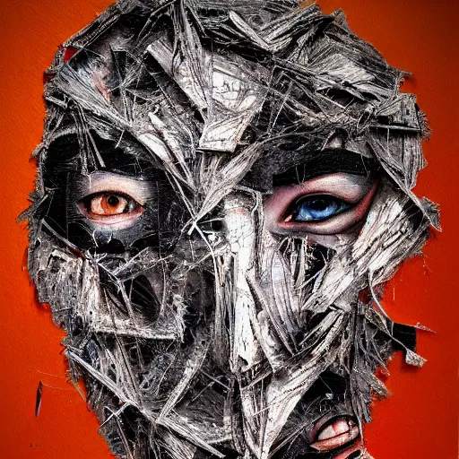 Image similar to multiple faces shredded like paper masks, horror, surreal, drawing, painting, oil painting