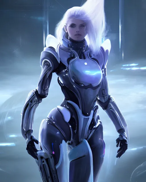 Image similar to perfect android girl on a mothership, warframe armor, beautiful face, scifi, futuristic, galaxy, nebula, raytracing, dreamy, long white hair, blue cyborg eyes, sharp focus, cinematic lighting, highly detailed, artstation, divine, by gauthier leblanc, kazuya takahashi, huifeng huang