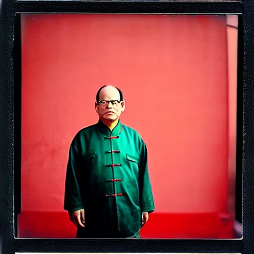 Image similar to polaroid of george costanza wearing chinese communist clothing in the forbidden city, colored, taschen, by nan goldin