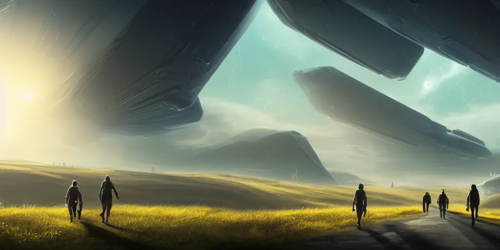 Prompt: A science fiction landscape with two people walking down a road flanked by fields, in the distance a floating futuristic city in the coulds, clear skies, volumetric light, hyperdetailed, artstation, cgsociety, 8k