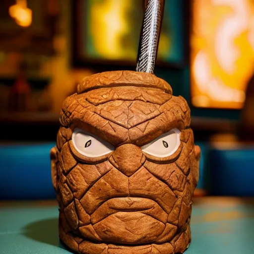 Image similar to a closeup photorealistic photograph of ben grimm's face on a tiki mug at trader vic's restaurant. fantastic four. tiki culture. bright scene. fine detail. this 4 k hd image is trending on artstation, featured on behance, well - rendered, extra crisp, features intricate detail, epic composition and the style of unreal engine.