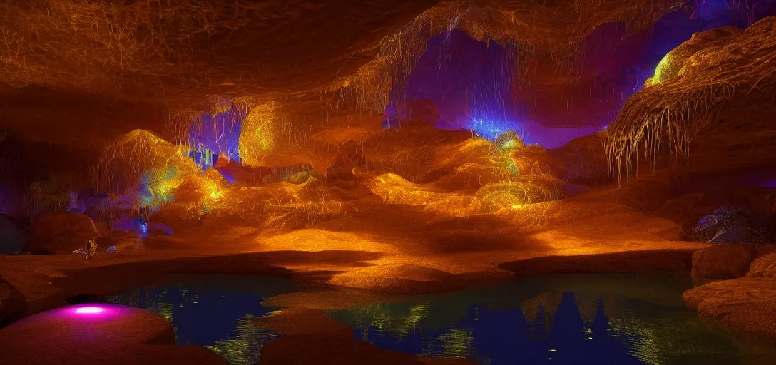 Prompt: beautiful view of inside a nightime magical desert cave, glowing pond with accurate caustics, magical sparkling colored dust, unreal engine, dramatic lighting, ultra detailed, sharp, ambient occlusion, bloom, fireflies, glowing firebugs, global illumination, light rays, raytracing, vibrant, vivid colors, 3 d artstation render, by noah bradley and jordan grimmer