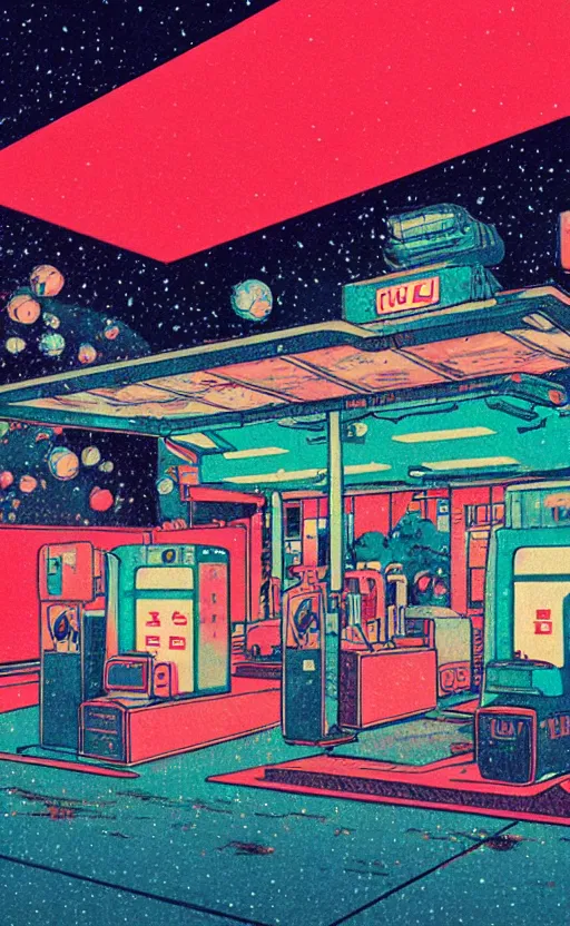 Image similar to gas station in space, sharp focus, vintage, satoshi kon, sci - fi, print, risograph, cinematic, game art