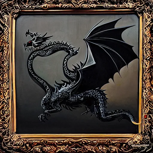 Image similar to “ a black cat flying on the back of a dragon from game of thrones, very detailed, oil painting, award winning ”