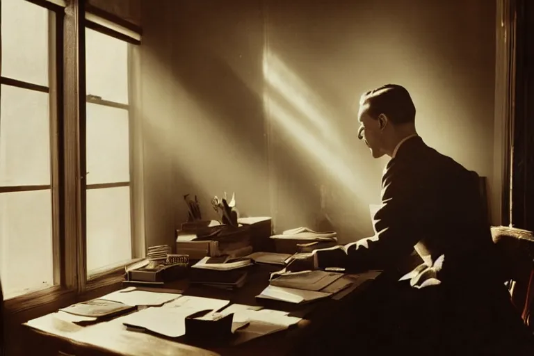 Image similar to a 1 9 5 0 s detective in his office, sunbeams streaming through the window