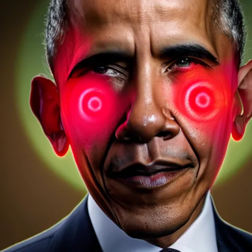Image similar to Obama eyes are red flashlight glowing eyes, hype realistic flames are burning behind Obama, 40nm lens, 4k,