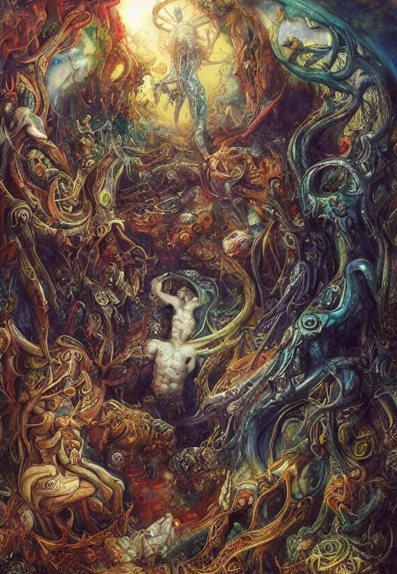 Prompt: colorful muscular eldritch bodies radiating town fractal, by h. r. giger and esao andrews and maria sibylla merian eugene delacroix, gustave dore, thomas moran, pop art, chiaroscuro, biopunk, art nouveau