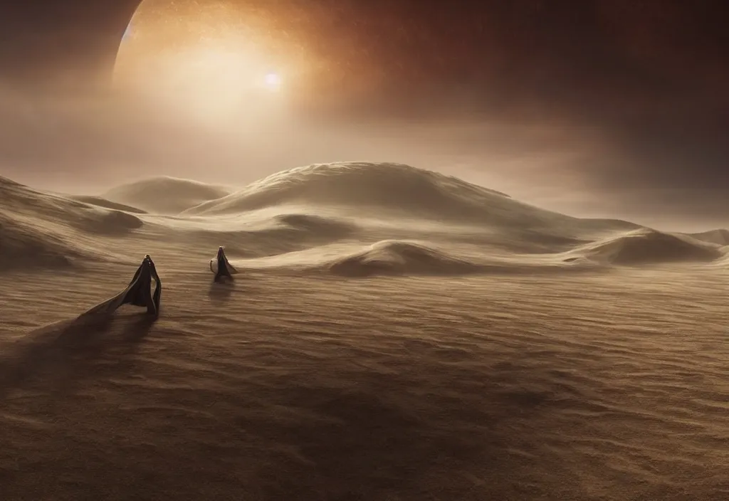 Prompt: a dramatic epic ethereal stunning beautiful and insanely detailed matte painting of the movie Dune, atmospheric!! and vaporwave composition, digital art by John Martin and Jean Giraud, winning-award masterpiece, fantastic, octane render, 8K HD Resolution, High quality image