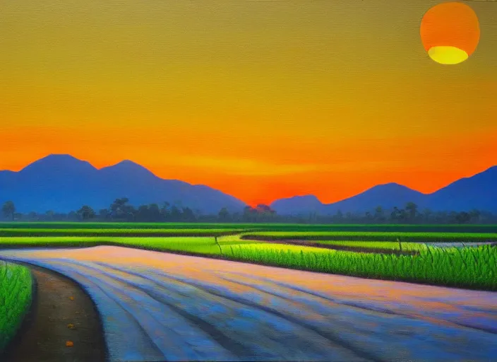 Prompt: painting of a road between rice paddy fields, two big mountains in the background, big yellow sun rising between 2 mountains, oil painting by basuki abdullah