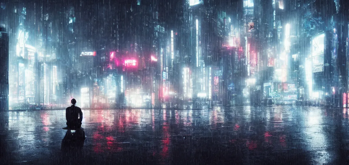 Image similar to shot of the roof with single man sitting on the edge during rain, below impressive cyberpunk night city during great rainy storm with lightning, nightscape, futuristic architecture, realistic photo, neons, blade runner, akira style, cinematic lighting, cinematic angles, dramatic perspective, glory, awe