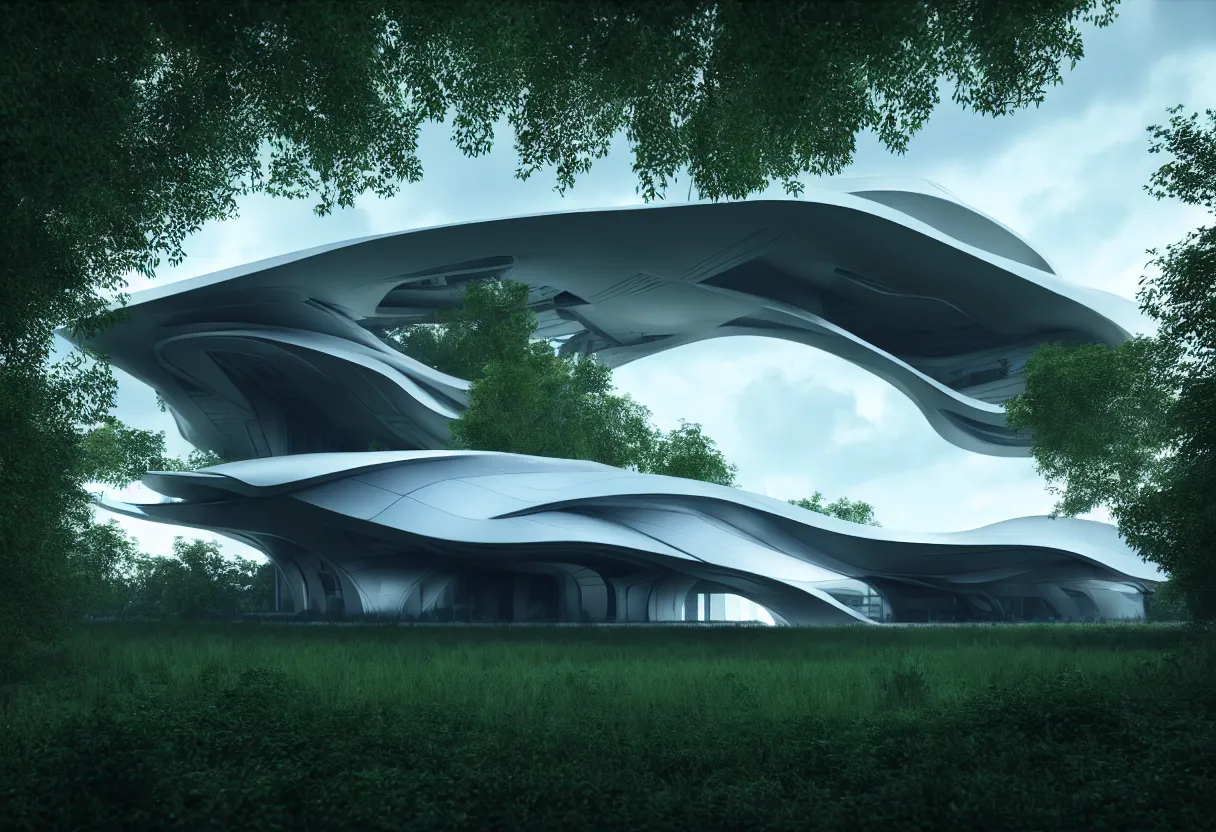 Image similar to futuristic building by zaha hadid hidden in the forest, cinematic, 8 k resolution, unreal engine, photorealistic, octane render